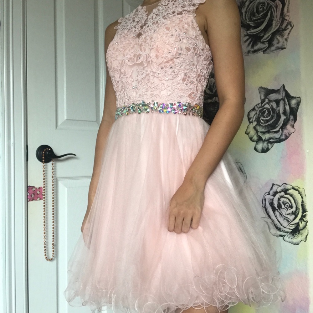Pink lace homecoming/prom dress